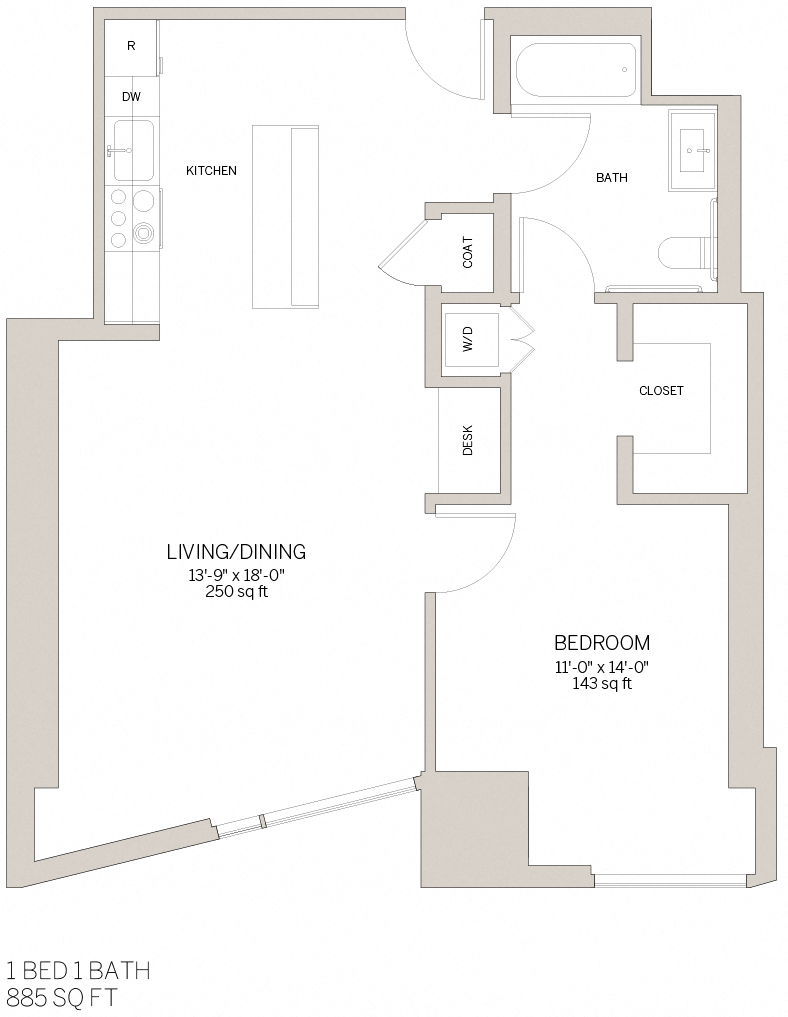 Floor plan for 1 bed, 1 bath, 885 sqft